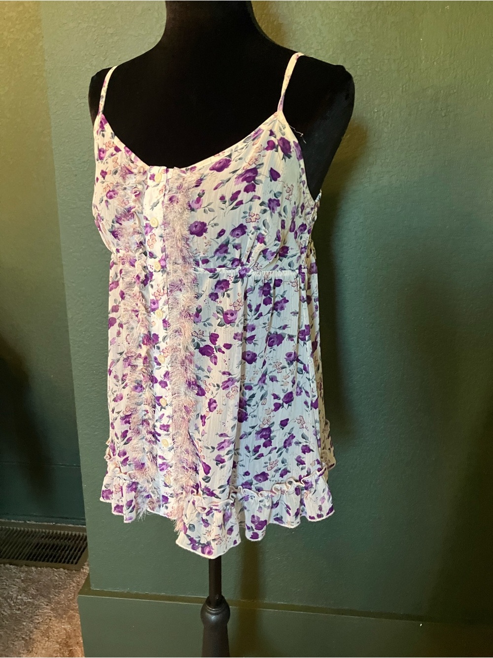Express Cream Spaghetti Strap Tank with Purple Floral Print